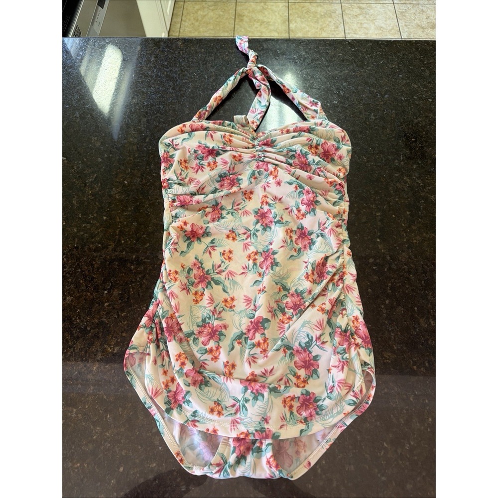 Bettie Page Floral Halter One Piece Swimsuit Pinup Size 12 Ruched Slimming Bra